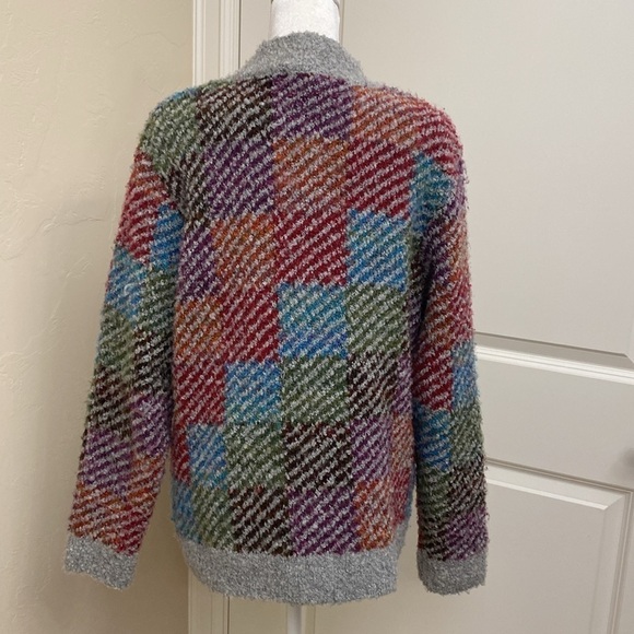 Appleseeds checker Cardigan Womens jewel tones chunky knit Grandpa Sweater L - Picture 2 of 8